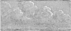 Cumulus — Cumulus clouds, heaped white masses with rounded tops, rising over a low gray band along the horizon.