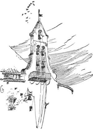 Bells Ringing — A church belfry with its bells swinging in the open arches, a flag on the roof, and a cluster of village roofs below.