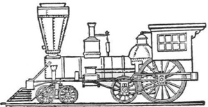 An old-time Locomotive — A locomotive of the early railways seen from the side, with a tall funnel-shaped smoke-stack, a domed boiler, two large driving wheels and a cab with windows.