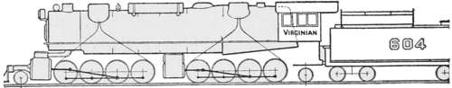 A modern Locomotive — A long modern locomotive seen from the side, its many wheels in two sets under the boiler, the cab marked Virginian and the tender numbered 604.