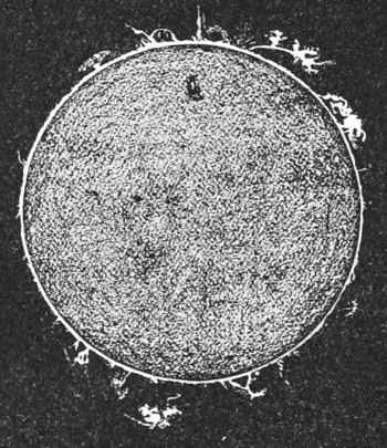 The Sun — The sun, a round, mottled disk drawn white against black, with dark spots on its face and bright flames rising from its edge.