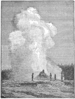 Giant Geyser, Yellowstone National Park — A great column of steam and boiling water bursting from a geyser in open country, with a few tiny figures of people standing near its base.