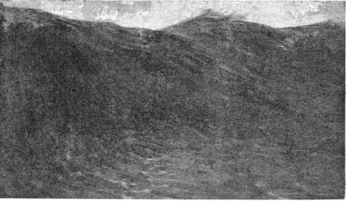 “The waters of the great deep” — A wide stretch of open sea under a low sky, dark water rolling in long, heavy swells to the horizon.