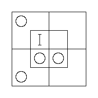 The result of Example 4 — a "I" in the N.W. Inner Cell, and an O in the N.W. Outer, S.W. Outer, S.W. Inner and S.E. Inner Cells.