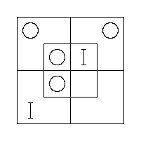The Triliteral Diagram — an O in each of the two Outer Cells of the North Half, an O in each of the two Inner Cells of the West Half, a "I" in the N.E. Inner Cell and a "I" in the S.W. Outer Cell.