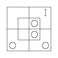 An O in the S.W. and S.E. Outer Cells, an O in the N.E. and S.E. Inner Cells, and a "I" in the N.E. Outer Cell.