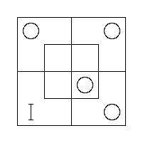 An O in the N.W., N.E. and S.E. Outer Cells, an O in the S.E. Inner Cell, and a "I" in the S.W. Outer Cell.