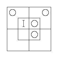 An O in the N.W. and N.E. Outer Cells, an O in the N.E. and S.E. Inner Cells, and a "I" in the N.W. Inner Cell.