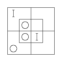 An O in the S.W. Outer Cell, an O in the N.W. and S.W. Inner Cells, a "I" in the N.W. Outer Cell and a "I" in the S.E. Inner Cell.