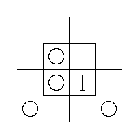 An O in the S.W. and S.E. Outer Cells, an O in the N.W. and S.W. Inner Cells, and a "I" in the S.E. Inner Cell.