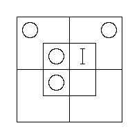 An O in the N.W. and N.E. Outer Cells, an O in the N.W. and S.W. Inner Cells, and a "I" in the N.E. Inner Cell.