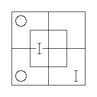 An O in the N.W. and S.W. Outer Cells, a "I" in the S.E. Outer Cell, and a "I" on the fence in the Inner Portion of the West Half.