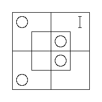 An O in the N.W. and S.W. Outer Cells, an O in the N.E. and S.E. Inner Cells, and a "I" in the N.E. Outer Cell.