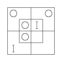 An O in the N.W. and N.E. Outer Cells, an O in the N.W. and S.W. Inner Cells, a "I" in the N.E. Inner Cell and a "I" in the S.W. Outer Cell.