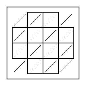 The blank Pentaliteral Diagram — the 16 Cells each cut by an oblique partition, the upper portions e and the lower e′, giving 32 Cells.