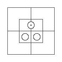 A Red Counter inside the North Half's Inner Portion, and a Grey Counter in each of the two Inner Cells of the South Half.
