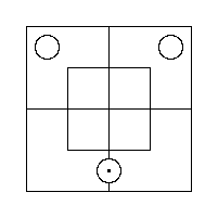 A Red Counter inside the South Half's Outer Portion, and a Grey Counter in each of the two Outer Cells of the North Half.