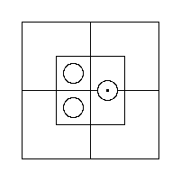 A Red Counter inside the East Half's Inner Portion, and a Grey Counter in each of the two Inner Cells of the West Half.