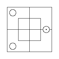 A Red Counter inside the East Half's Outer Portion, and a Grey Counter in each of the two Outer Cells of the West Half.