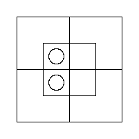 Diagram b — "No m are y": an O in each of the two Inner Cells of the West Half.