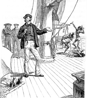 The Captain on his own deck, waving aside the offer of compensation — the fishermen behind him, and the jib that carried their money overboard.