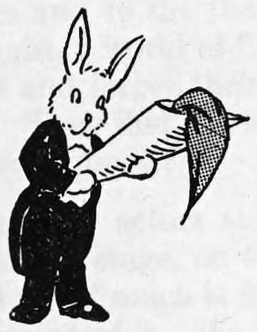 A cartoon rabbit in a black dress suit with a bow tie, standing upright and holding out a paper cone with a checked cloth hanging from its mouth.