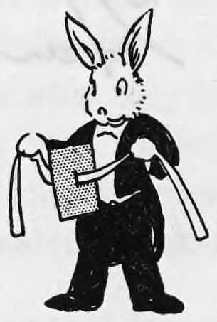 A cartoon rabbit in a black dress suit standing upright, holding a playing card in one hand and a pair of ribbons or paper strips hanging from both hands.