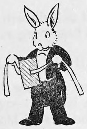 A cartoon rabbit in a tuxedo and tail coat stands upright holding a card or placard in one paw, with a long ribbon or streamer in the other.