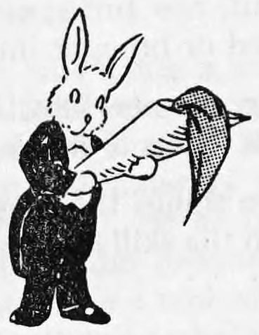 A cartoon rabbit in a tuxedo and tail coat stands upright, holding a large paper cone or horn in both paws, with a spotted silk handkerchief hanging from its mouth.
