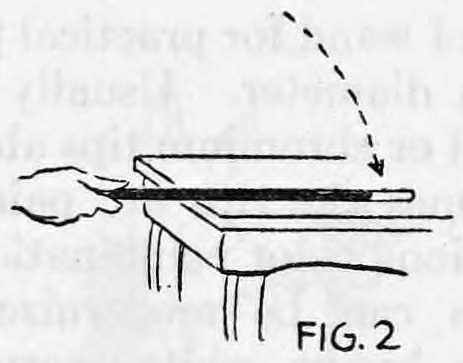 Fig. 2. — A hand raps the wooden end of the wand on the edge of a table, with a dotted arrow showing the downward tap.