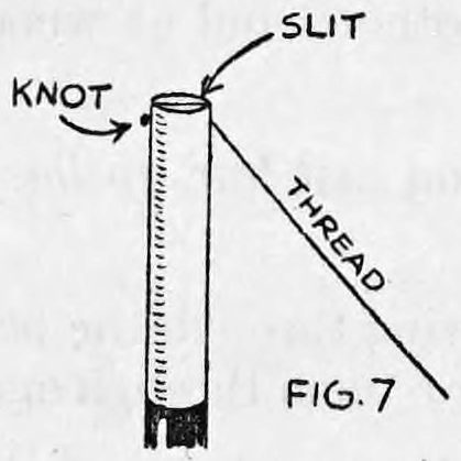 Fig. 7. — An upright tube or vase with a knot marked at its top, a slit in the end of the wand, and a thread running away diagonally from the slit.