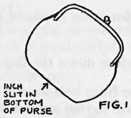 Fig. 1. — A small round-cornered pocketbook with a clasp at top; an arrow points to the one-inch slit in the bottom of the purse.