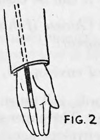 Fig. 2. — A forearm and open hand seen from the back, with the wand shown by dotted lines up inside the sleeve, one end resting at the base of the second finger.