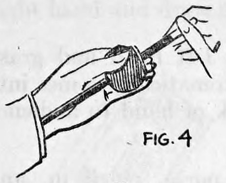 Fig. 4. — A hand seen from the side grips the end of the wand where it emerges from the pocketbook, drawing it through the opening.