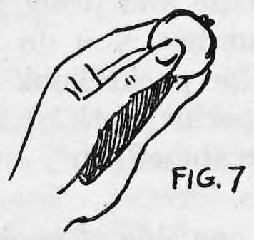 Fig. 7. — A hand seen from behind holds the purse between thumb and fingers, with the cigar lying along the inside of the hand, hidden from the audience.