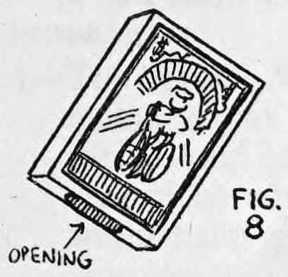 Fig. 8. — A tilted card case with a decorated face; an arrow points to the opening cut in its bottom edge.