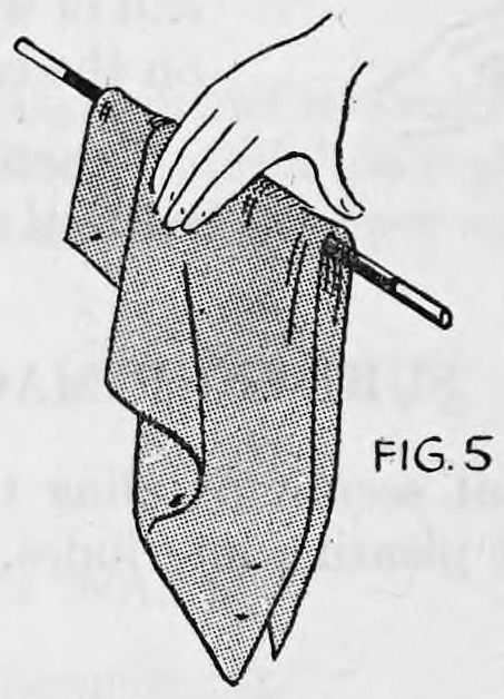 Fig. 5. — A dark silk handkerchief thrown over the wand so both ends stick out, with a hand gripping the handkerchief from above.