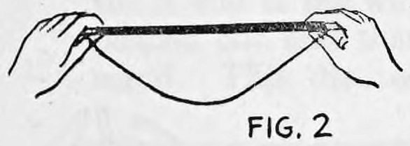Fig. 2. — Both hands hold the wand horizontally with thumbs behind it, and the thread hangs below in a loop.