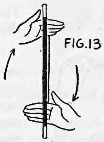 Fig. 13. — The wand upright, revolving end over end, with one hand at the top and the other at the bottom and arrows showing the turning motion.