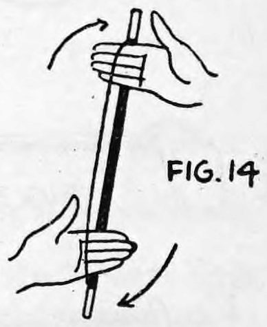 Fig. 14. — The wand upright after the revolution, the right hand at the top and the left hand at the bottom, with an arrow showing the turning motion.