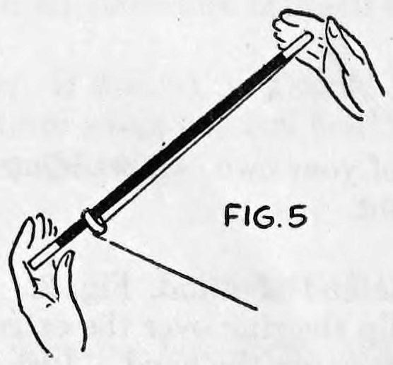 Fig. 5. — The wand held almost horizontal, a hand at each end, the right end slightly higher, the ring near the left hand and the thread slanting down to the right.
