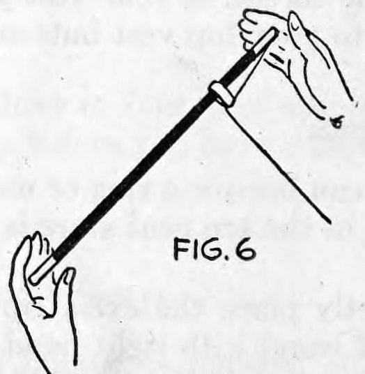 Fig. 6. — The wand tipped steeply upward to the right between two hands, the ring near the upper end, the thread running down to the right.