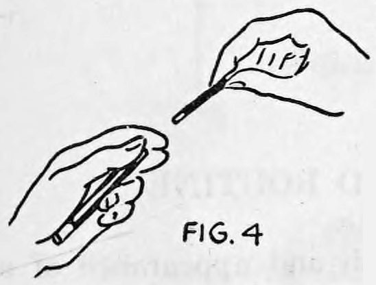 Fig. 4. — A left hand with the five-inch wand palmed against the fingers, the right hand pointing a finger above it.