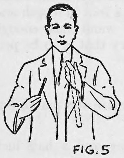 Fig. 5. — A man in a jacket, the left hand at his lapel with fingers underneath, drawing the large wand toward the edge of the coat; the other hand holds a small wand.