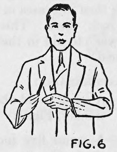 Fig. 6. — The same man, the left hand lowered across the front of the coat holding the end of the large wand, the right hand holding wand No. 2 upright.