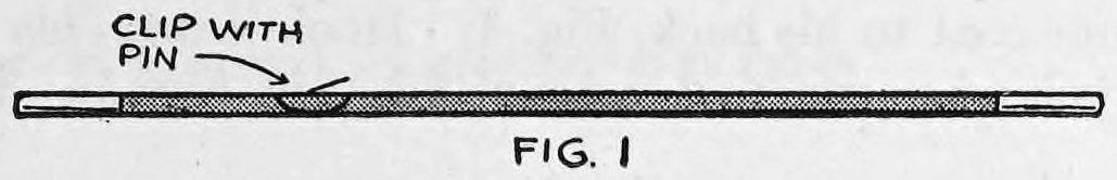 Fig. 1. — A long thin wand seen from the side with the metal clip snapped on its middle, the soldered pin pointing up, labelled clip with pin.