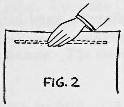 Fig. 2. — A sheet of paper standing upright with a hand gripping its top rear edge, lifting the concealed vanishing wand that lies hidden behind that edge.