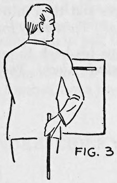 Fig. 3. — A man seen from behind in front of a sheet of paper, one arm bent behind him, the wand hooked by its pin on the back of his coat and hanging down.