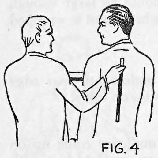 Fig. 4. — Two men, one seen from behind; the performer slips the wand onto the back of the other man's coat with his hand, the wand hanging down his back.