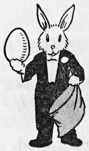 A cartoon rabbit in a dinner jacket and bow tie, standing upright, holding an egg in one raised hand and a polka-dot bag in the other.